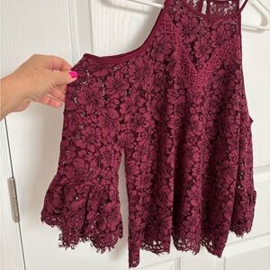 Burgundy Lace peep shoulder Top